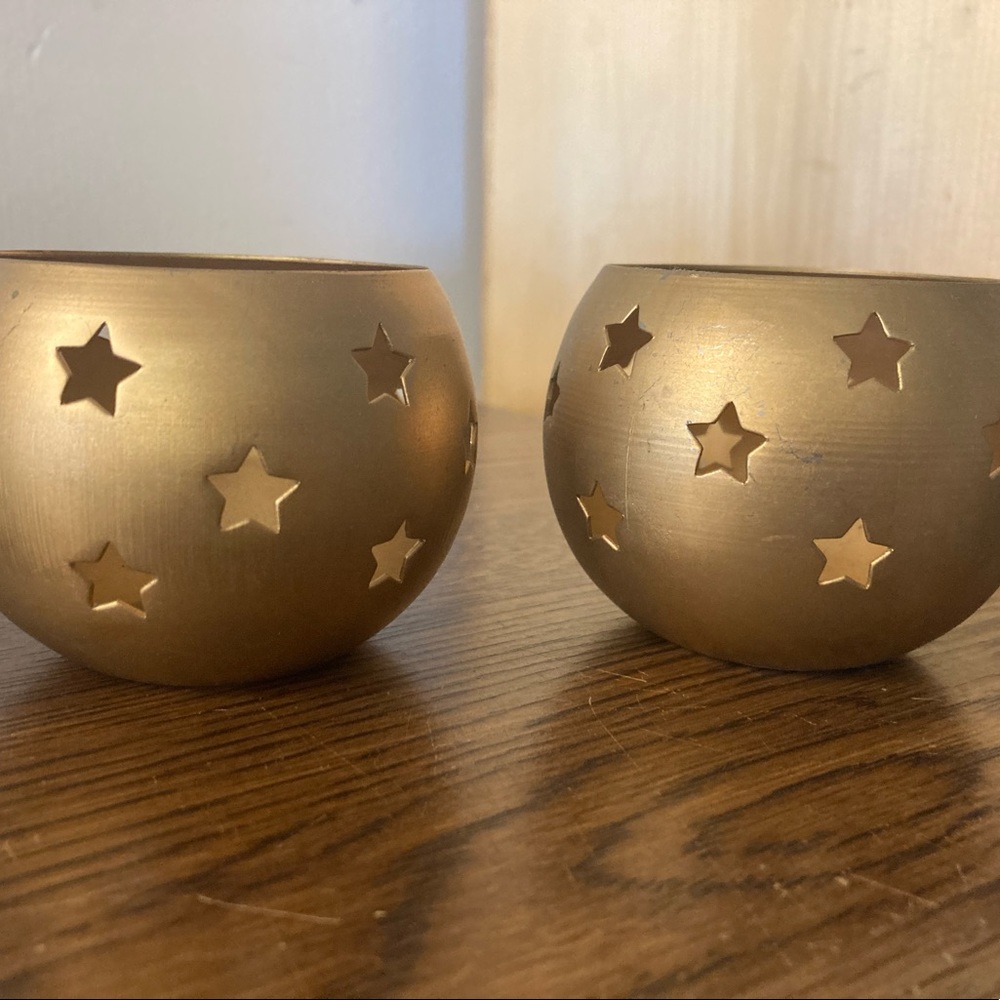 Vintage brass star tea light candle holder set of 2